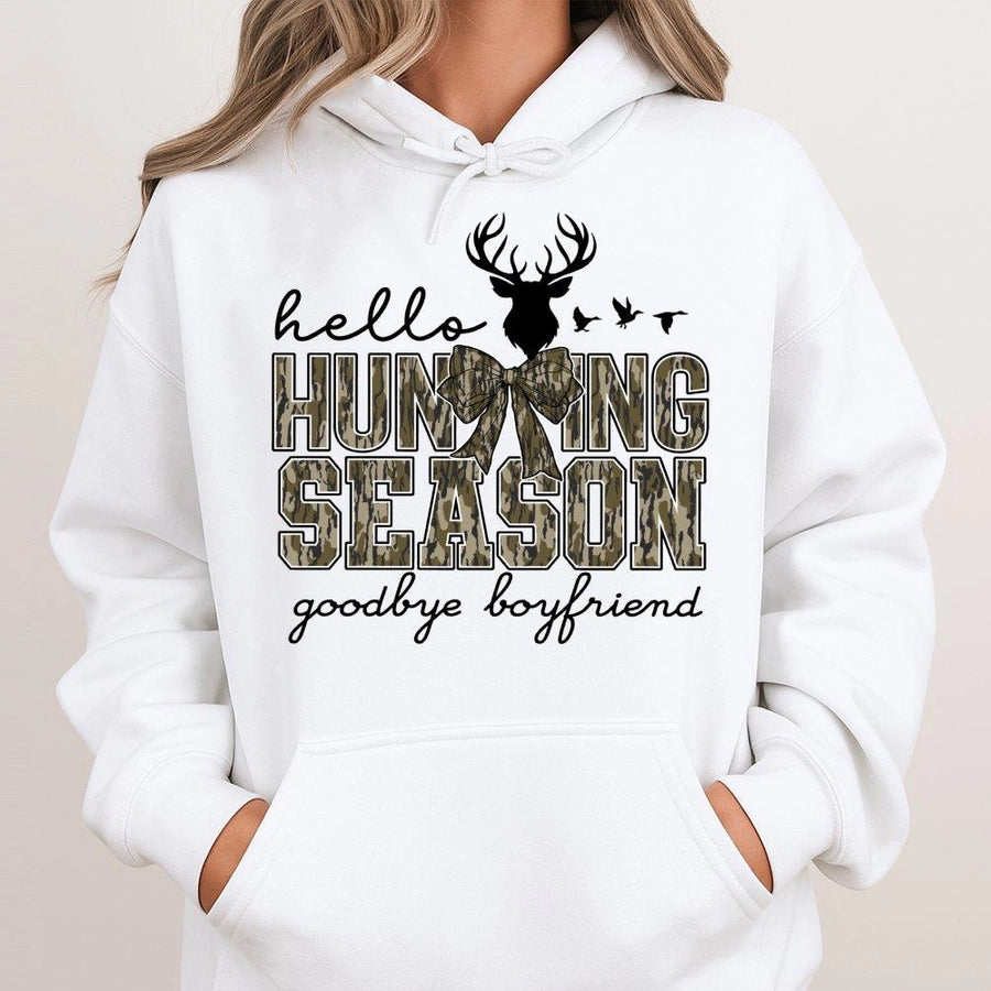 Hello Hunting Season Goodbye Boyfriend Hoodie | Camo Deer Antler Graphic | Premium Cotton Blend | Funny Hunter Gift for Women