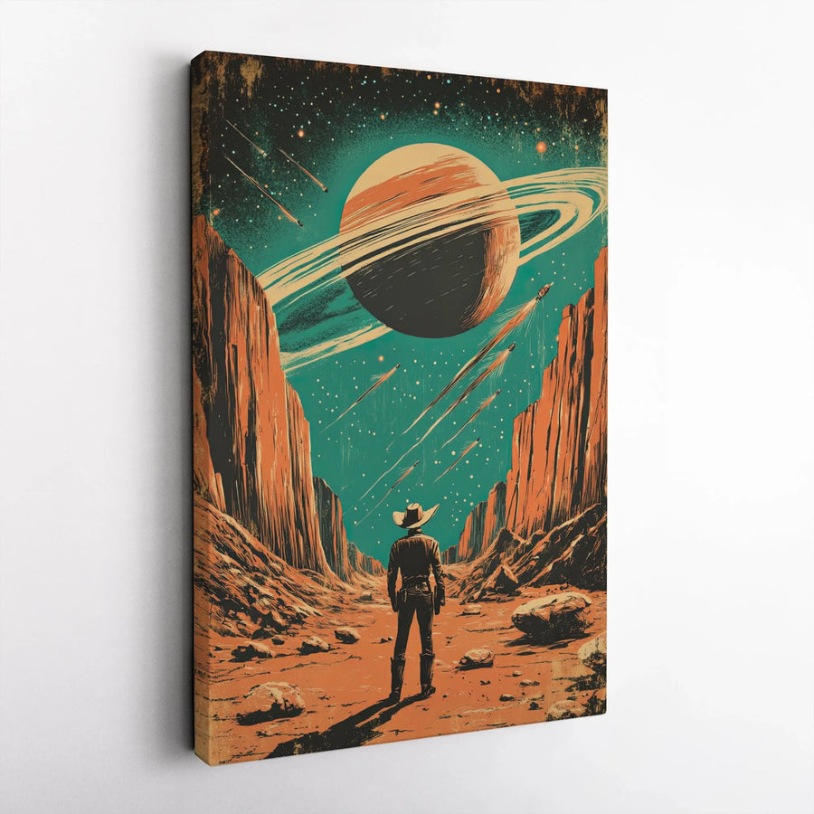 Retro Sci-Fi Cowboy Canvas Print | Cosmic Western Planet Wall Art | Premium 1.25 inch Gallery Wrap | Space Explorer Home Decor Gift