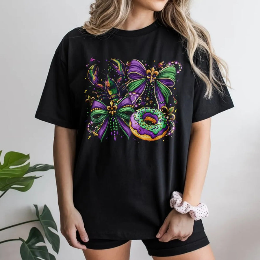 Mardi Gras Coquette Bow T-Shirt | Retro Lobster and King Cake Graphic Tee | Soft Cotton Carnival Shirt | Festive New Orleans Gift for Women