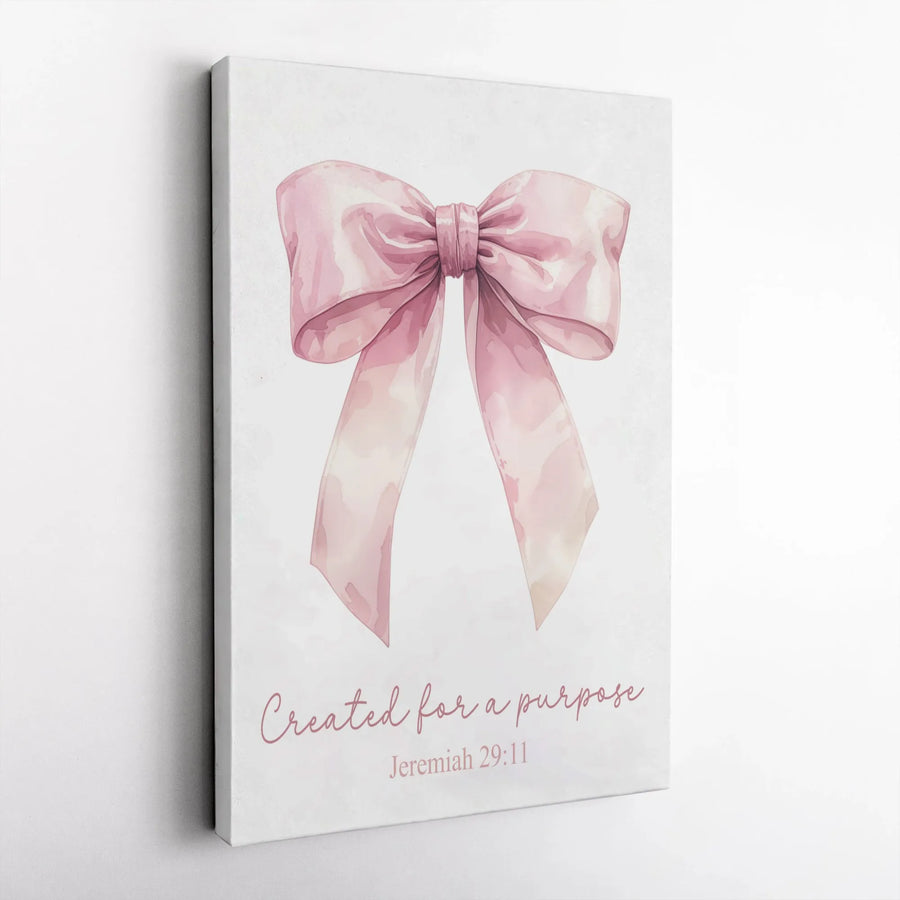 Created For A Purpose Wall Art | Jeremiah 29:11 Watercolor Pink Bow | 1.25-inch Premium Gallery Canvas | Christian Home Decor Gift for Women