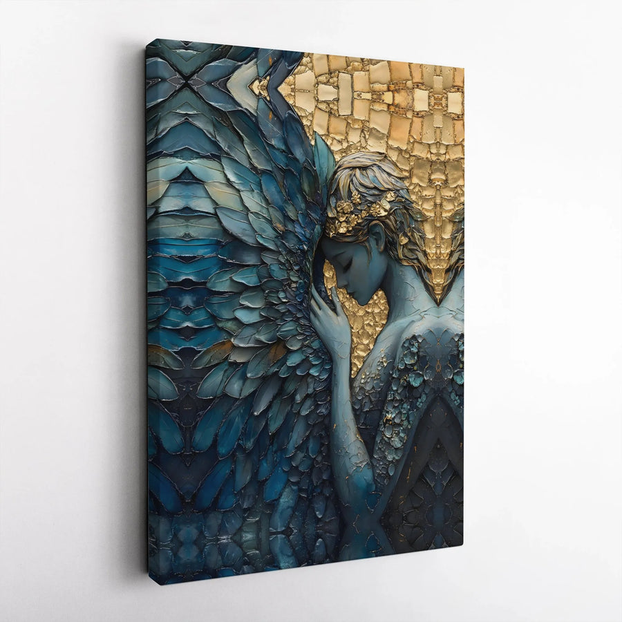 Blue Angel Wall Art | Textured Golden Wings Canvas Print | Premium Gallery Wrapped Canvas | Spiritual Home Decor Gift