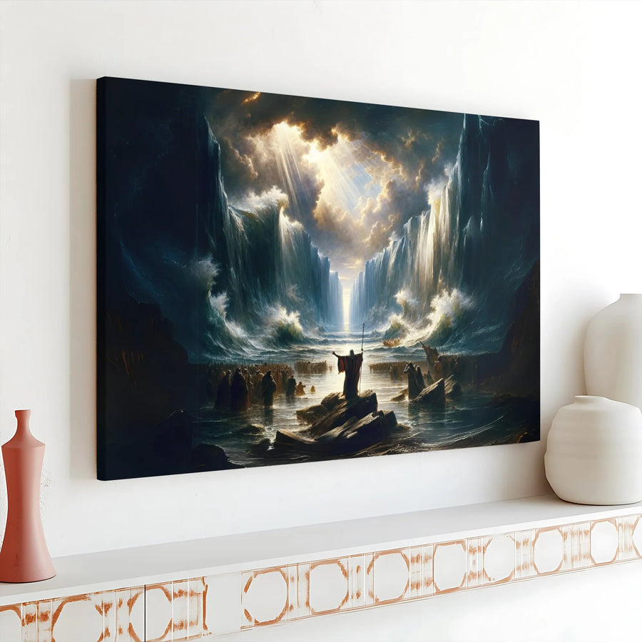 Moses Parting The Red Sea Wall Art | Biblical Miracle Religious Canvas | Premium 1.25 Inch Gallery Wrap | Christian Home Office Decor Gift