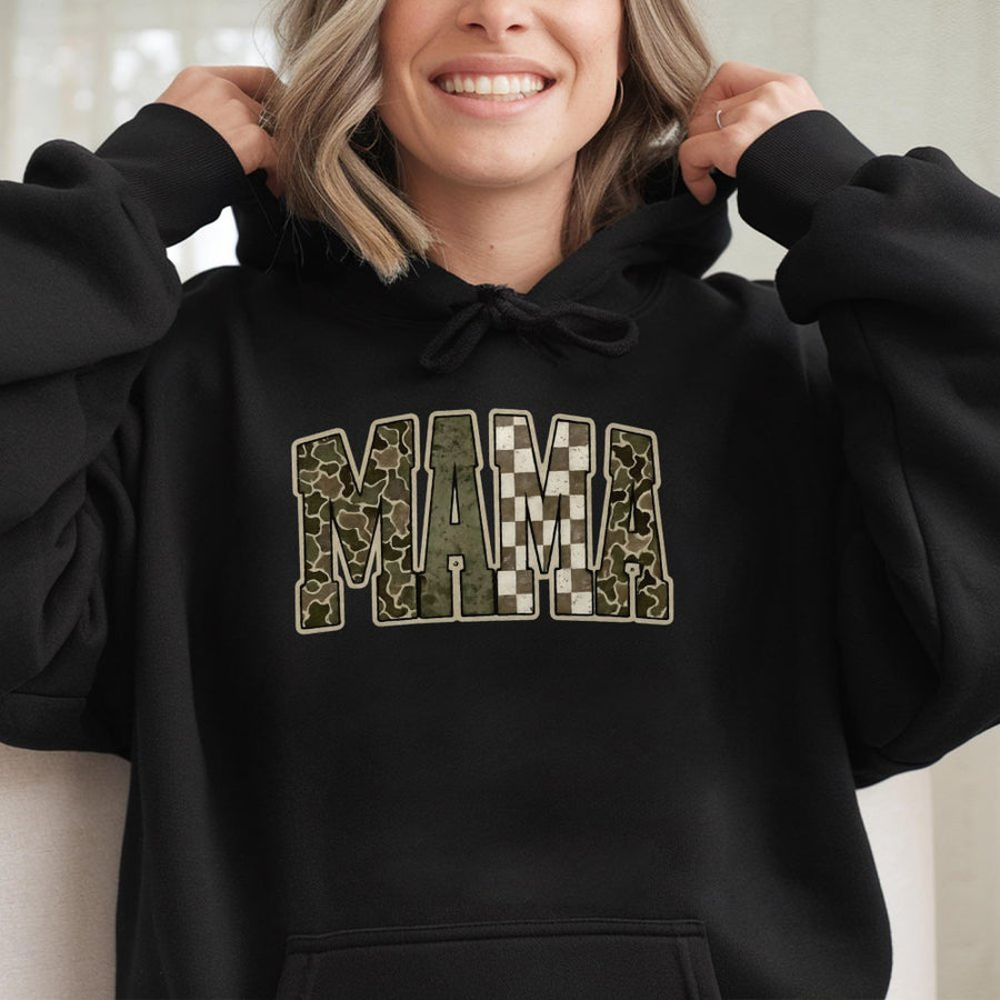 Mama Camo Hoodie | Varsity Letter Print with Checkered Pattern | Premium Cotton Blend | Rustic Western Gift for Mom and Hunting Enthusiasts