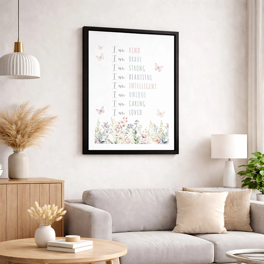 I Am Affirmation Wall Art | Floral Butterfly Nursery Decor | Premium Gallery Canvas | Inspirational Growth Mindset Gift for Girls