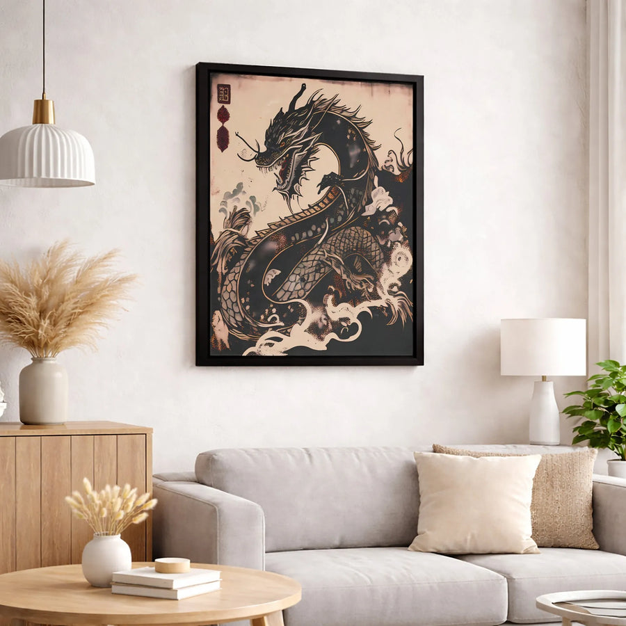 Japanese Dragon Wall Art | Traditional Black Dragon Illustration | Gallery Quality Framed Canvas | Mythical Asian Decor for Living Room Gift