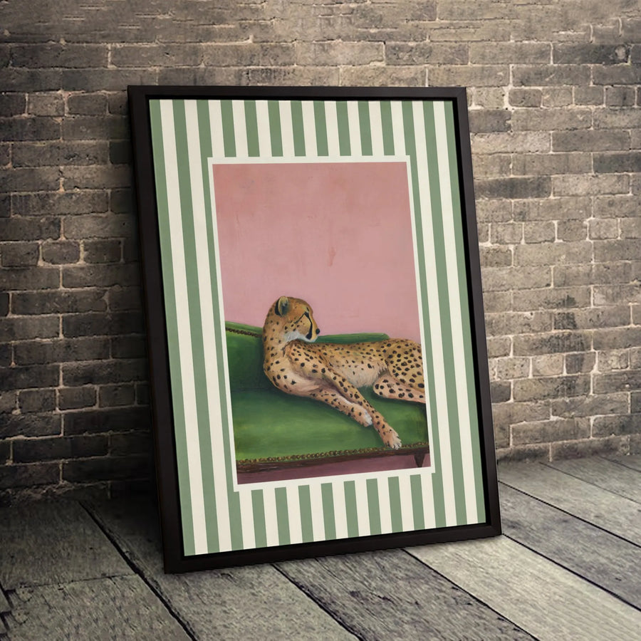 Cheetah Wall Art | Whimsical Animal Portrait on Green Sofa | Premium 1.25-Inch Gallery Canvas | Unique Maximalist Home Decor Gift