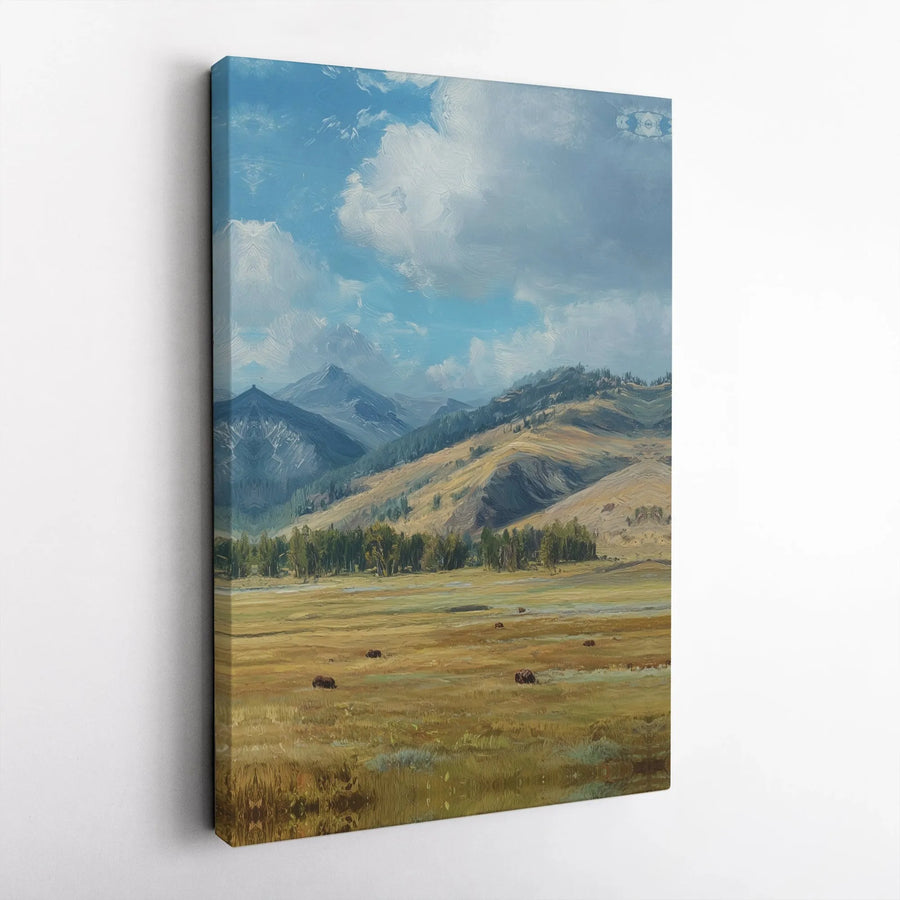 Mountain Landscape Vertical Canvas | Scenic Wild Bison Valley Oil Painting Style Art | Premium 1.25" Thick Gallery Wrap | Rustic Nature Lover Gift