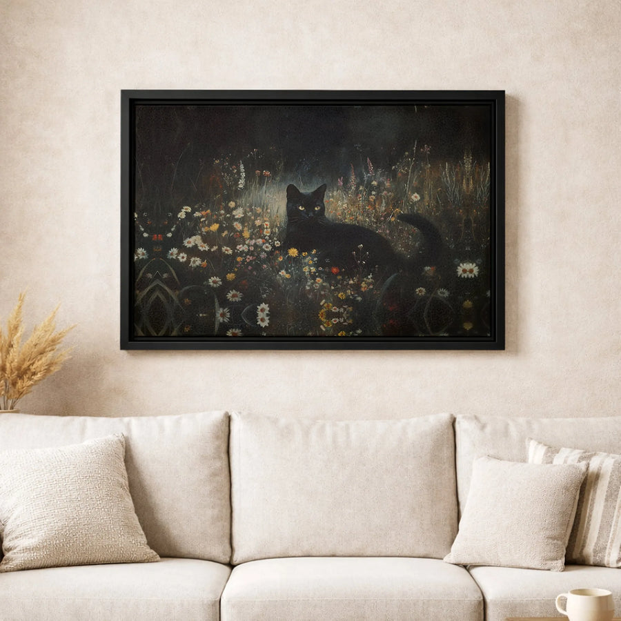 Black Cat Wall Art | Whimsical Wildflower Meadow Oil Painting Style | Premium Gallery-Wrapped Canvas | Botanical Home Decor Gift for Cat Lovers