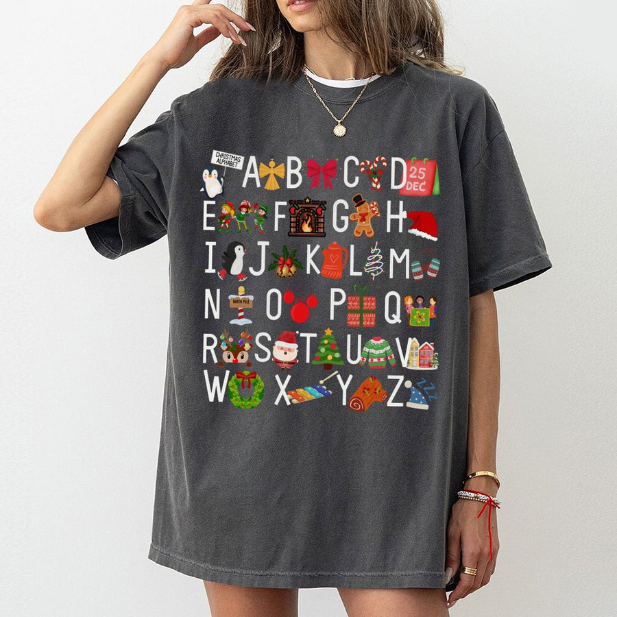 Christmas Alphabet T-Shirt | Holiday Graphic ABC Design | 100% Cotton Premium Tee | Cute Teacher Holiday Gift for Educators & School Staff
