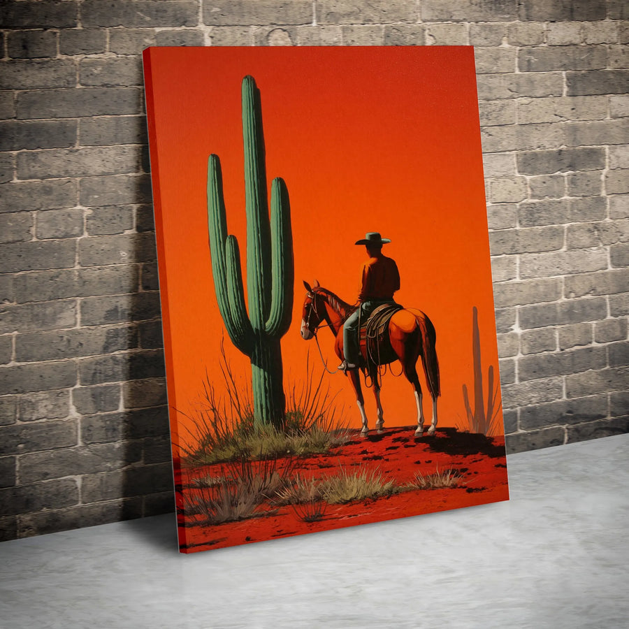 Western Cowboy Wall Art | Desert Sunset Saguaro Cactus Canvas Print | Premium Gallery Wrapped Decor | Southwestern Gift for Living Room