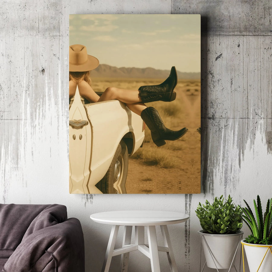 Impression sur toile cow-girl western | Photographie vintage d'escapade dans le désert | Toile haut de gamme sans cadre | Décoration murale cadeau du Sud-Ouest américain
