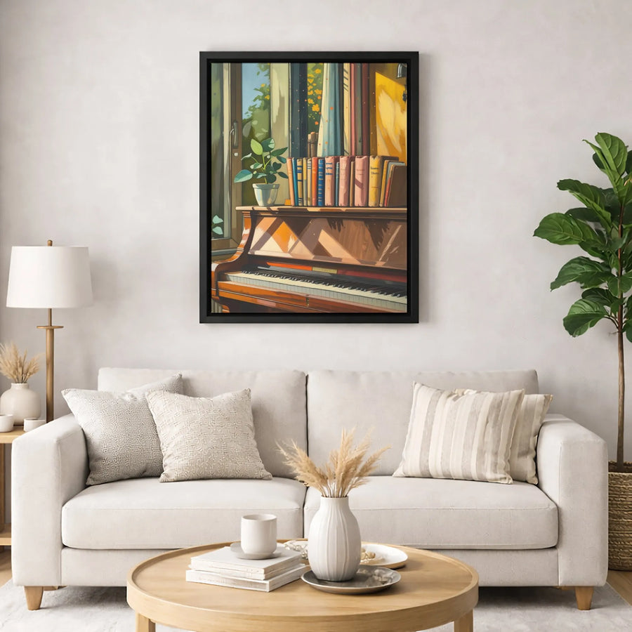 Piano and Books Wall Art | Impressionistic Sunlit Window Print | 1.25 Inch Gallery Wrap Canvas | Cozy Academic Home Decor Gift