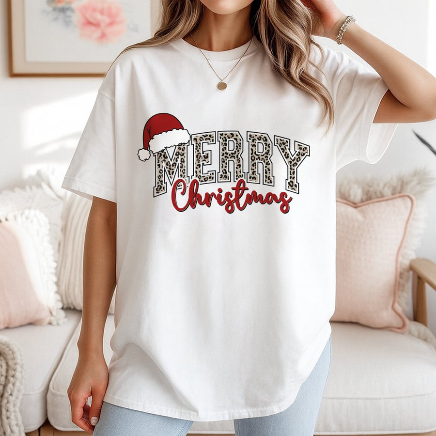 Merry Christmas T-Shirt | Leopard Print Graphic Santa Hat | 100% Premium Cotton | Holiday Season Gift For Men And Women