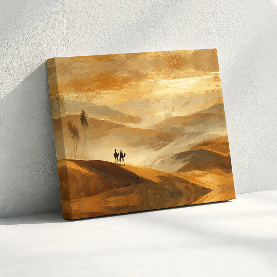Desert Landscape Canvas Wall Art | Camel Caravan Sunset Painting | Premium Gallery Wrapped Canvas | Bohemian Home Decor Gift