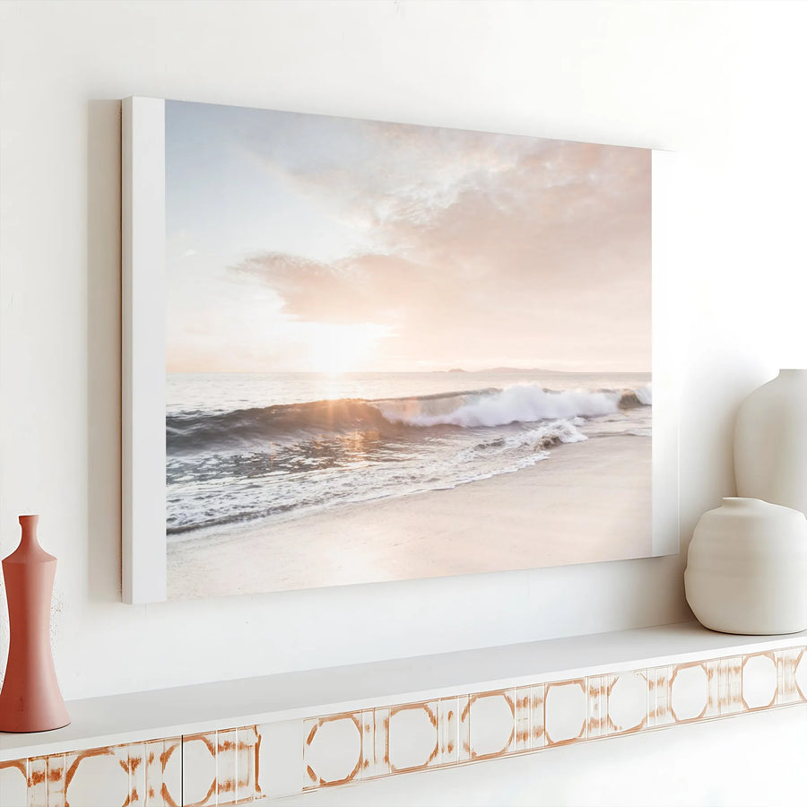 Coastal Beach Canvas Wall Art | Pastel Sunset Ocean Wave Photography | Thick Gallery Wrapped Canvas | Boho & Coastal Living Room Decor