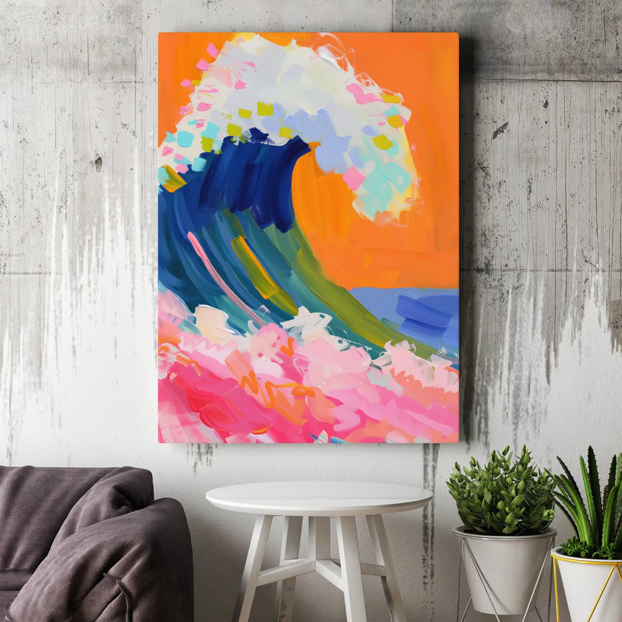 Abstract Ocean Wave Canvas Wall Art | Vibrant Pink and Orange Seascape Print | Premium 1.25-inch Thick Gallery Wrap | Modern Coastal Home Decor Gift