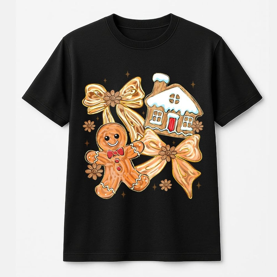 Gingerbread Man T-Shirt | Coquette Christmas Bow Graphic | 100% Cotton Premium Tee | Holiday Gift for Women & Christmas Lovers