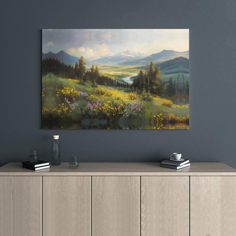 Mountain Landscape Canvas Wall Art | Wildflower Meadow River Painting | Gallery Wrapped Premium Print | Nature Home Decor Gift For Nature Lovers