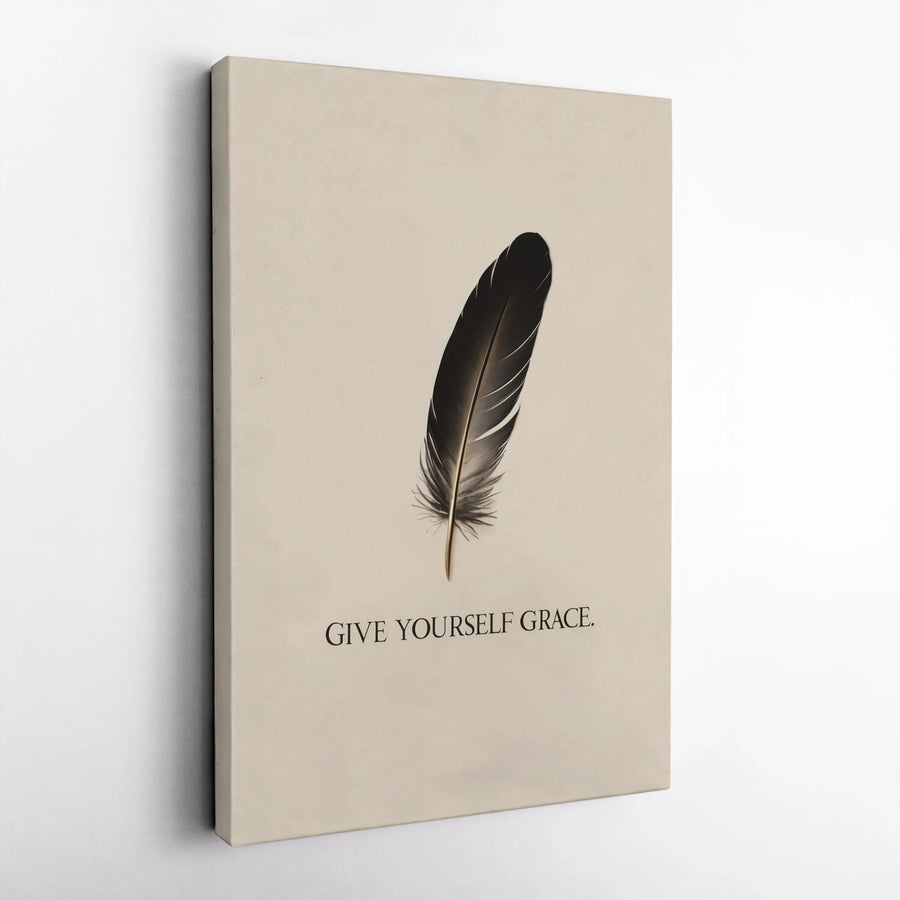 Give Yourself Grace Wall Art | Minimalist Feather Print | Premium 1.25-Inch Gallery Wrapped Canvas | Motivational Home Decor Gift