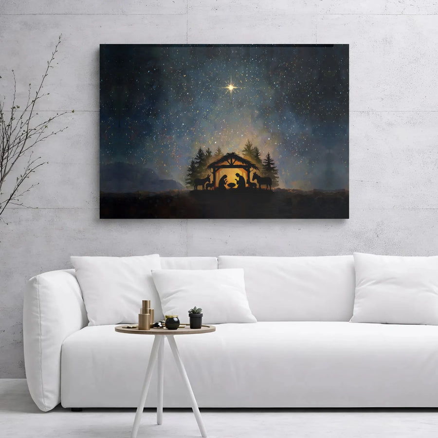 Nativity Scene Canvas Wall Art | Starry Night Christmas Decor | Premium Gallery Wrap Print | Religious Holiday Gift for Home