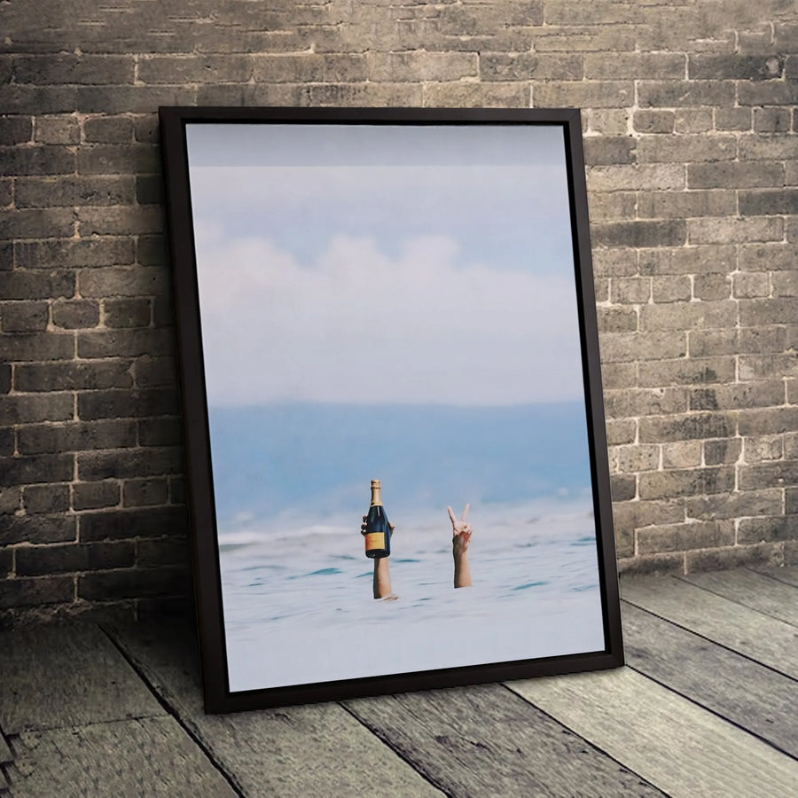 Ocean Champagne Celebration Canvas Print | Peace Sign Beach Photography | Premium 1.25-Inch Thick Gallery Wrap | Modern Home Decor Gift