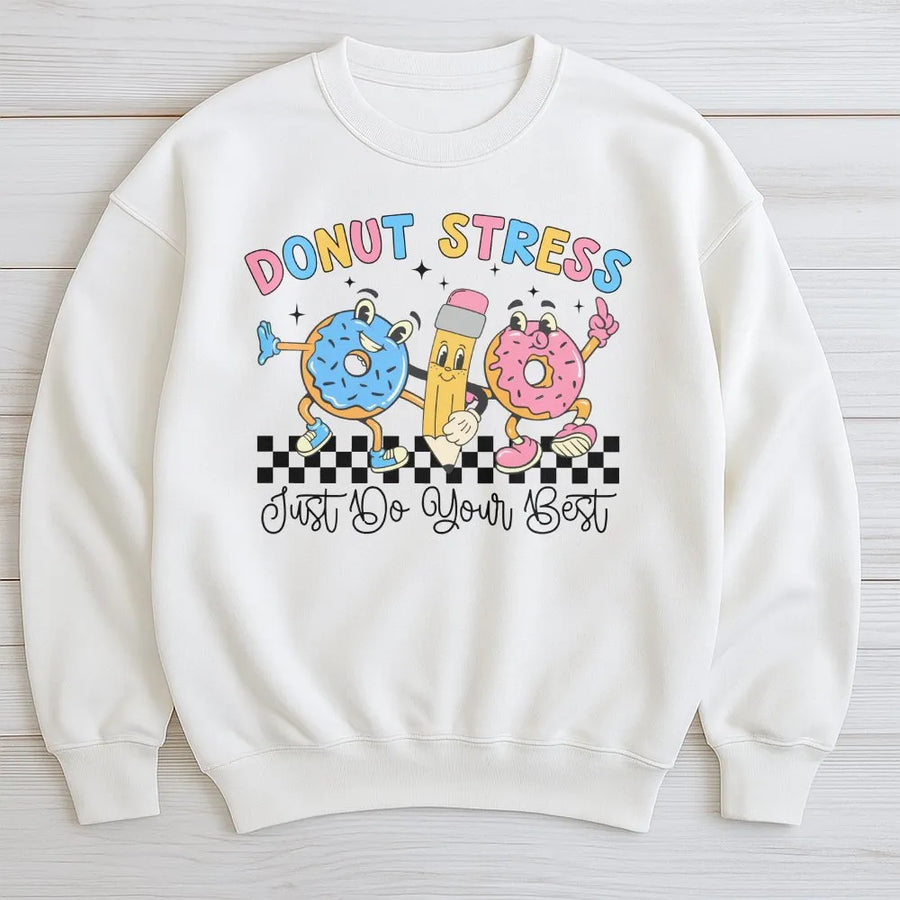 Donut Stress Teacher Sweatshirt | Funny Retro Testing Day Graphic | Cozy Unisex Pullover | State Exam Motivation Gift for Teachers