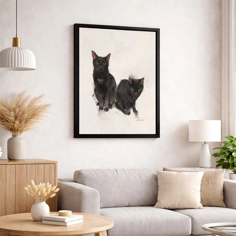 Two Black Cats Watercolor Canvas Art | Elegant Feline Portrait Wall Decor | Premium 1.25" Gallery Wrap | Gift for Cat Lovers