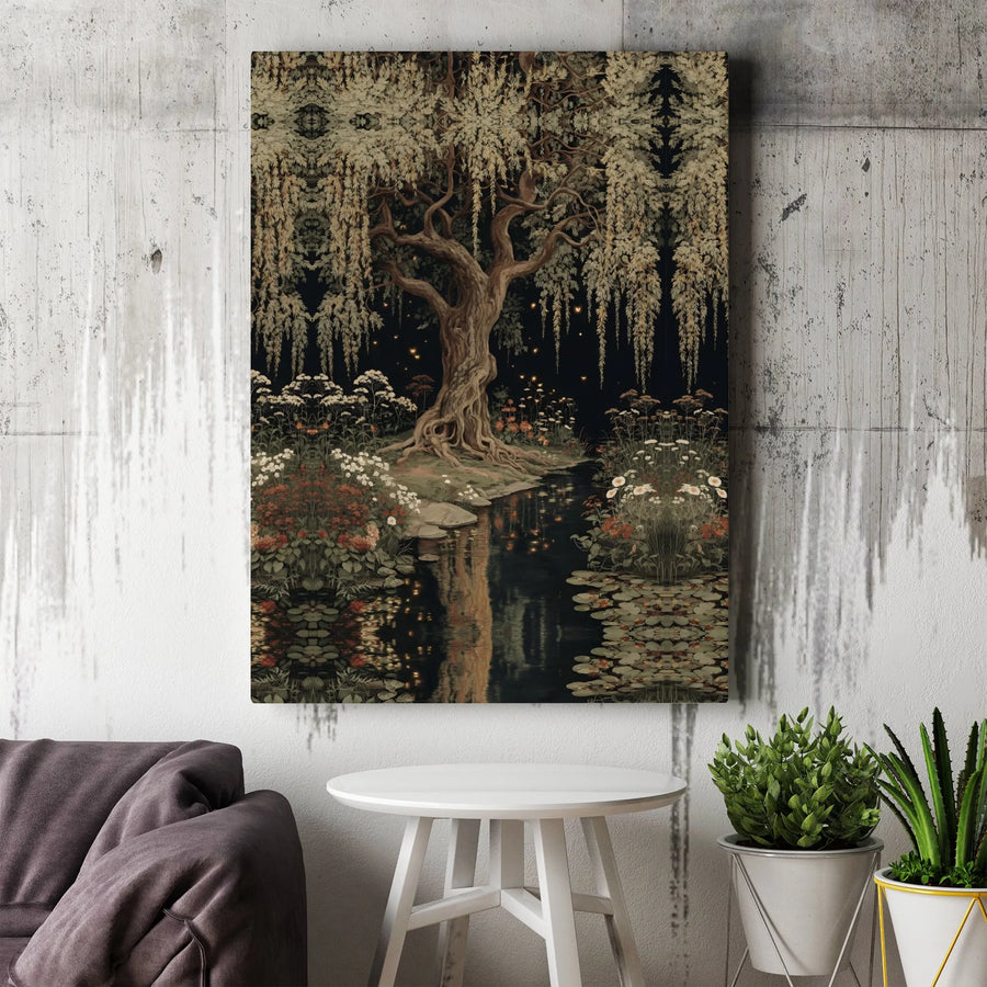 Enchanted Willow Tree Canvas Print | Moody Dark Academia Wall Art | Premium Botanical Illustration | Vintage Cottagecore Home Decor Gift