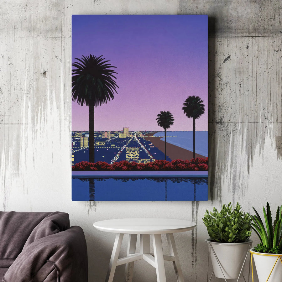 Vaporwave Cityscape Canvas Art | Retro Aesthetic Pixel Art Beach View | Premium 1.25" Gallery Wrap | Modern Home Decor Wall Print