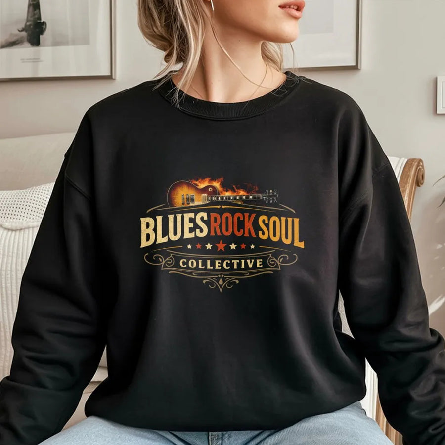 Blues Rock Soul Sweatshirt | Vintage Guitar Fire Graphic | Premium Cotton Blend | Music Lover Gift For Musicians