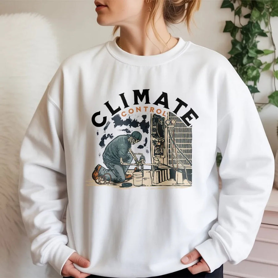 HVAC Technician Sweatshirt | Climate Control Skeleton Graphic | Premium Cotton Blend | Funny Blue Collar Trade School Gift For Him