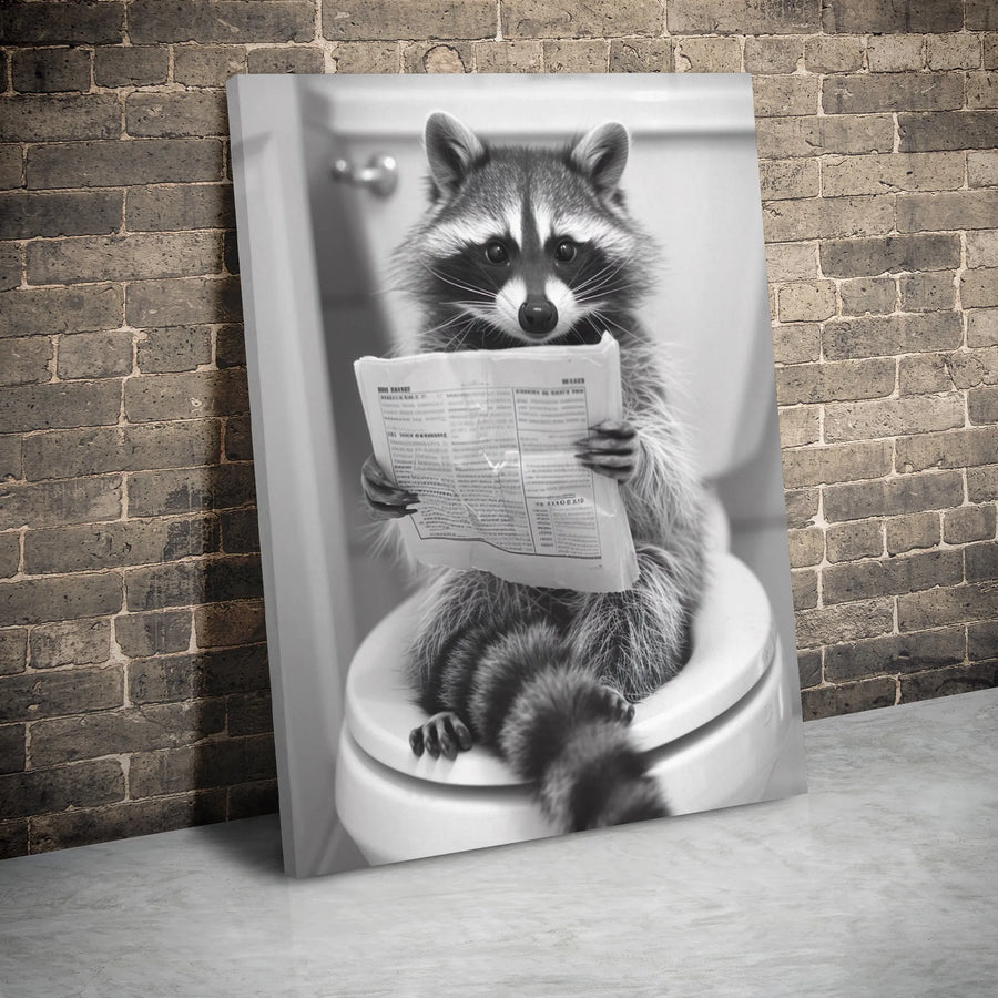 Funny Raccoon Bathroom Wall Art | Reading Newspaper Toilet Decor | Premium Gallery-Wrapped Canvas | Quirky Gift for Bathroom Decor