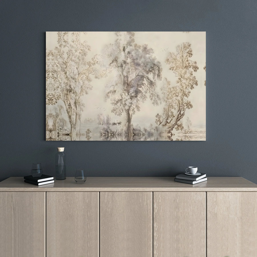 Vintage Tree Landscape Canvas Wall Art | Etched Forest Reflection Sketch | Premium Gallery Wrap Print | Neutral Home Decor for Living Room