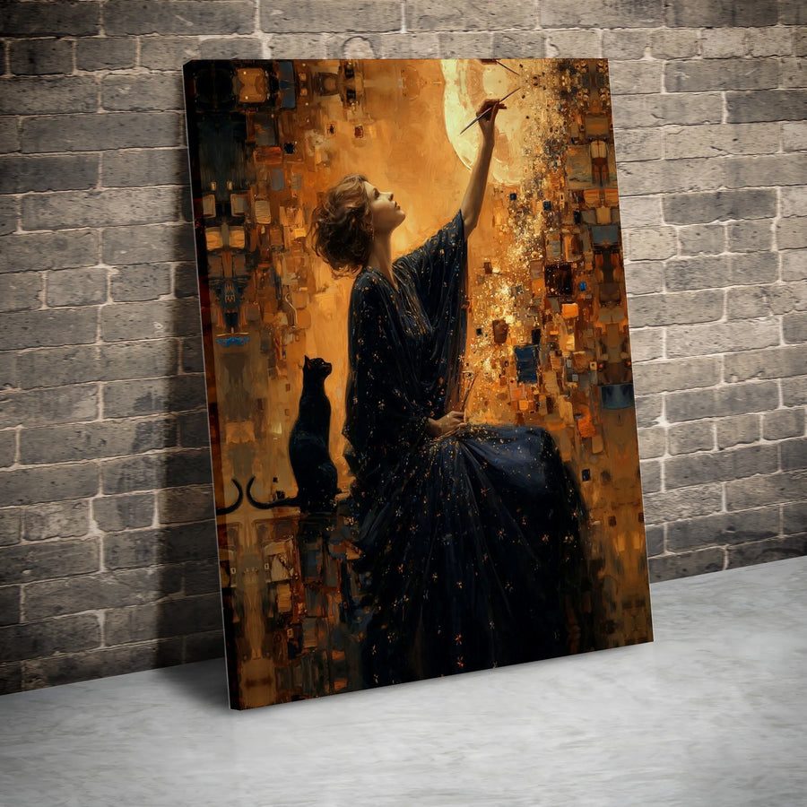 Celestial Artist Canvas Print | Woman Painting Moon with Black Cat | Premium Gallery Wrapped Art | Mystical Home Decor Gift