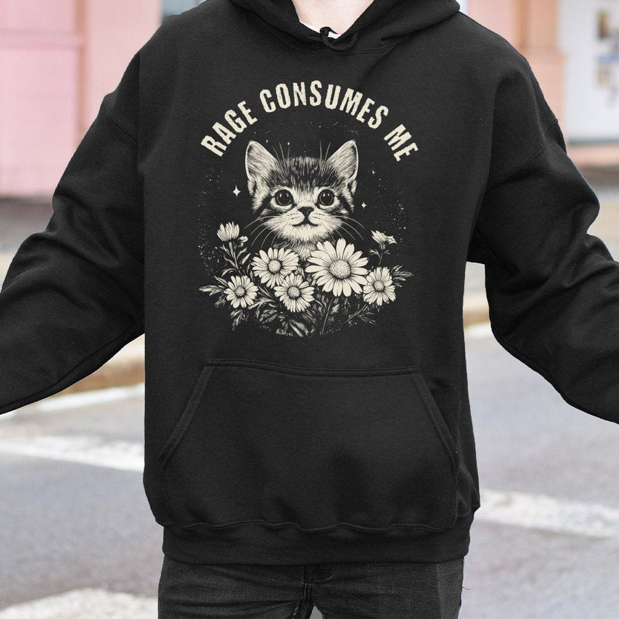 Rage Consumes Me Hoodie | Cute Cat Meme Graphic Sweatshirt | Soft Cotton Blend | Funny Animal Lover Gift for Women and Teens