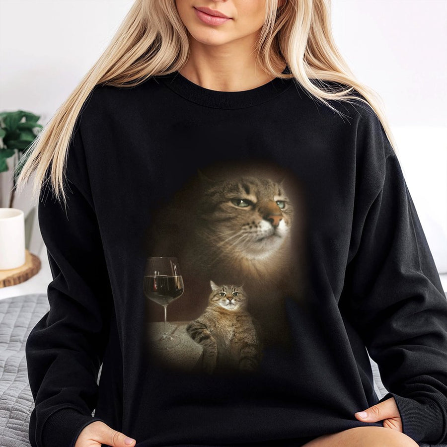 Funny Cat Meme Sweatshirt | Retro Wine Drinking Kitty Graphic | Premium Cotton Blend | Gift for Cat Lovers & Meme Enthusiasts