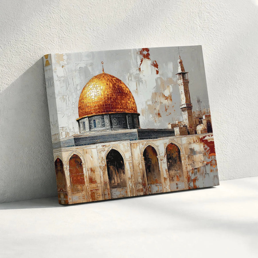 Dome of the Rock Jerusalem Horizontal Canvas | Gold Dome Islamic Painting Style Art | Premium 1.25” Gallery Wrap | Spiritual Muslim Home Decor Housewarming Gift