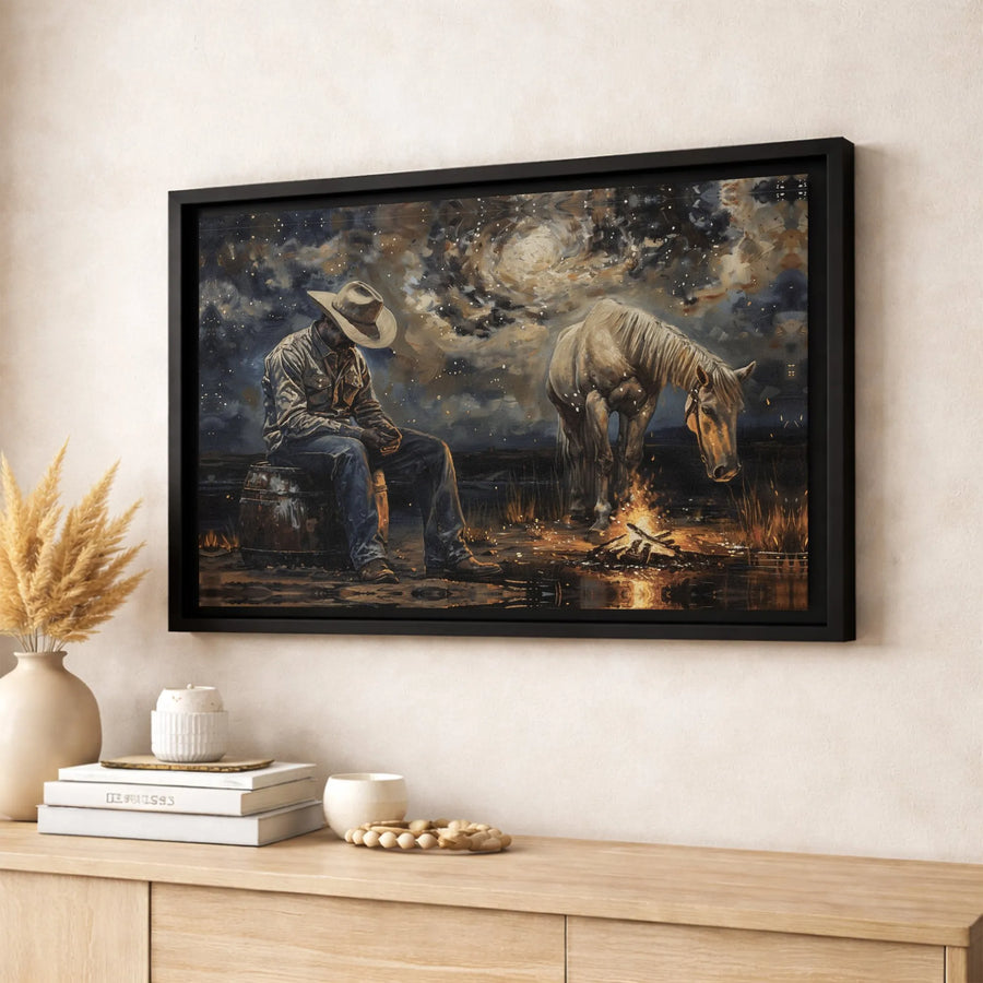 Western Cowboy Canvas Art | Starry Night Campfire Scene | Premium Fade-Resistant Print | Rustic Farmhouse Wall Decor Gift for Him