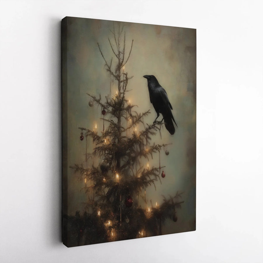 Gothic Raven Christmas Tree Wall Art | Dark Academia Holiday Decor | Premium Fade-Resistant Canvas | Moody Victorian Home Gift