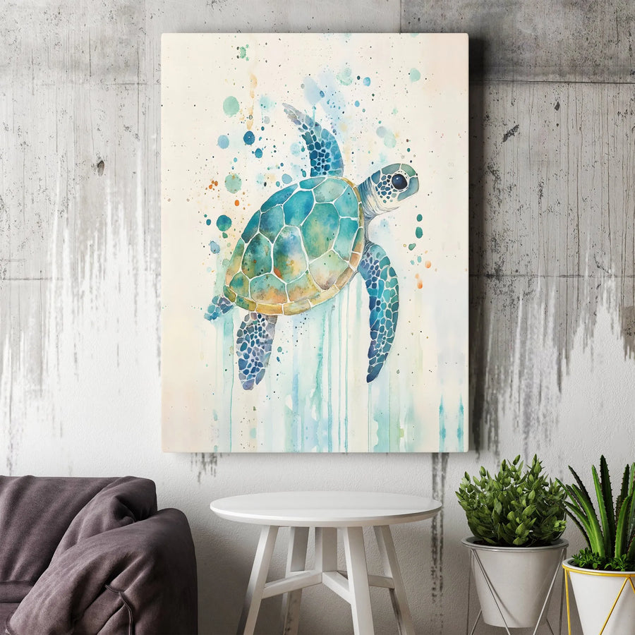 Watercolor Sea Turtle Canvas Wall Art | Abstract Ocean Animal Painting | Premium 1.25" Thick Gallery Wrap | Coastal Decor Gift for Beach House