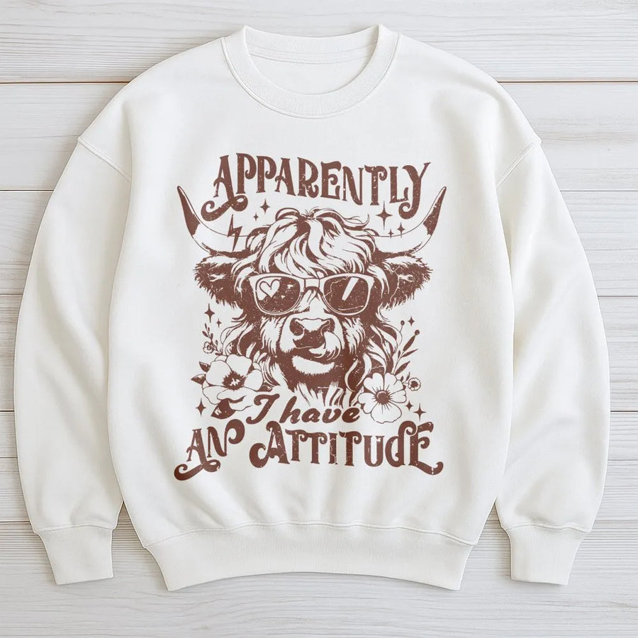 Apparently I Have An Attitude Highland Cow Sweatshirt | Boho Farmhouse Graphic Crewneck | Premium Cotton Blend | Funny Farm Animal Gift For Her