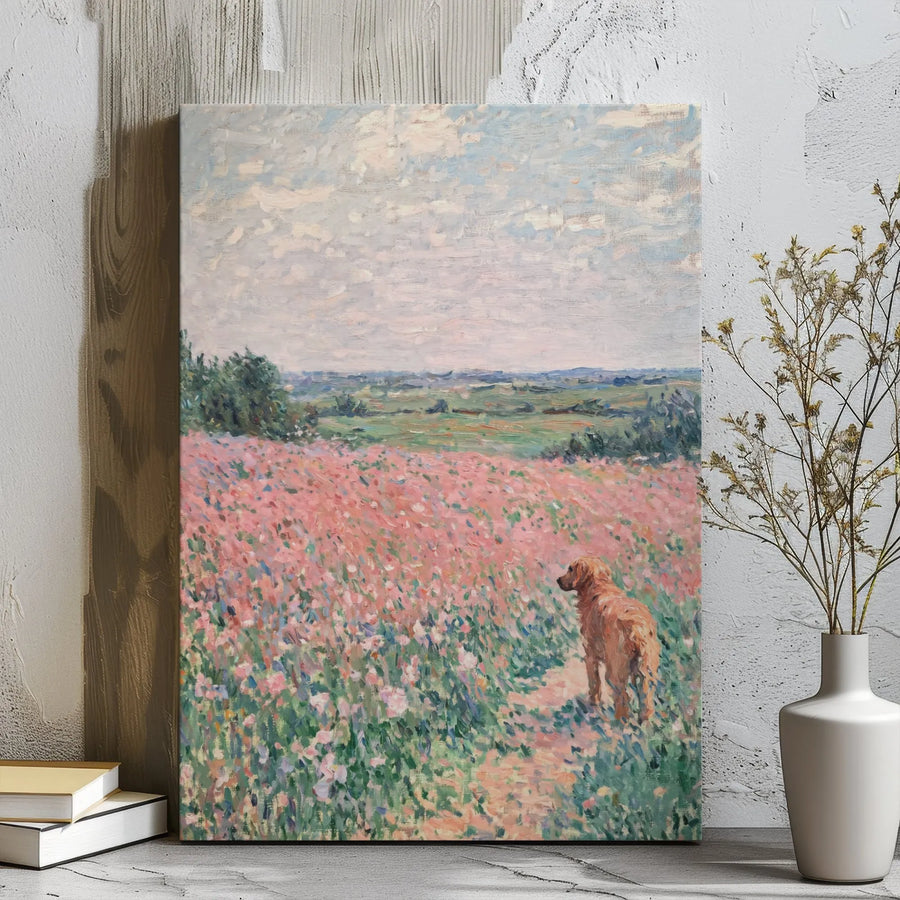 Golden Retriever Canvas Wall Art | Impressionist Floral Meadow Landscape | Premium Gallery Wrap Print | Dog Lover Home Decor Gift
