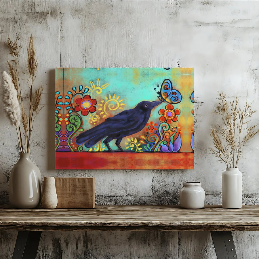 Folk Art Crow Canvas Wall Art | Colorful Butterfly Floral Print | Premium 1.25-inch Gallery Wrap | Whimsical Nature Home Decor Gift for Bird Lovers