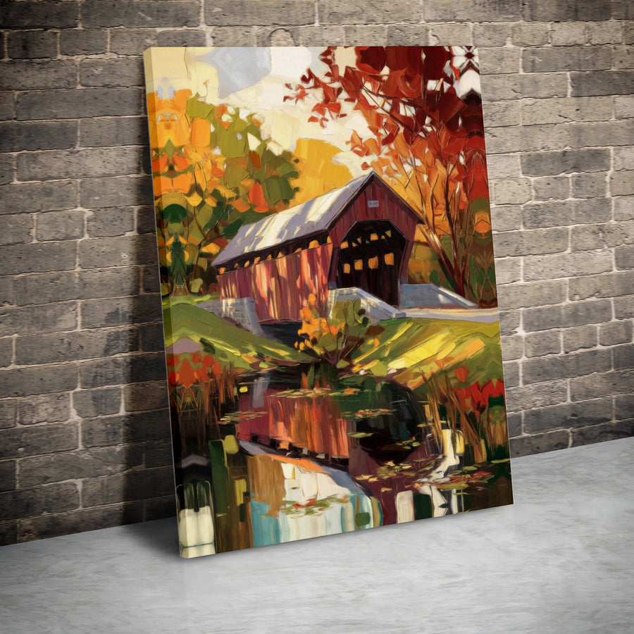 Autumn Covered Bridge Canvas Print | Impressionist Landscape Wall Art | Gallery Quality 1.25-Inch Profile | Rustic Seasonal Home Decor