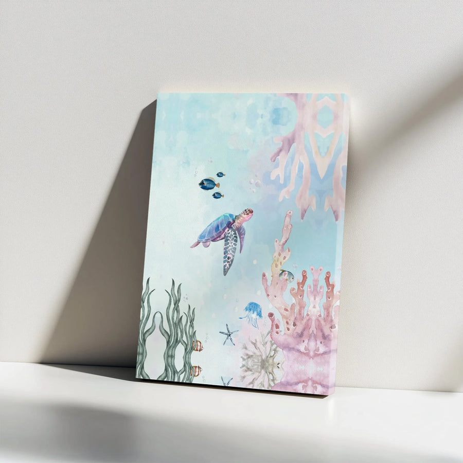 Sea Turtle Canvas Wall Art | Watercolor Coral Reef & Ocean Life | Premium Gallery Wrapped Canvas | Nautical Nursery Decor Gift