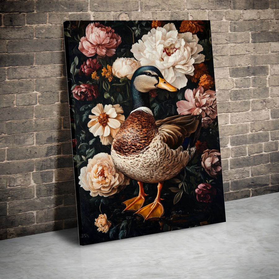 Mallard Duck Wall Art | Moody Floral Peony & Rose Oil Painting Style | Premium Gallery Canvas | Gift for Bird Lovers & Cottagecore Decor