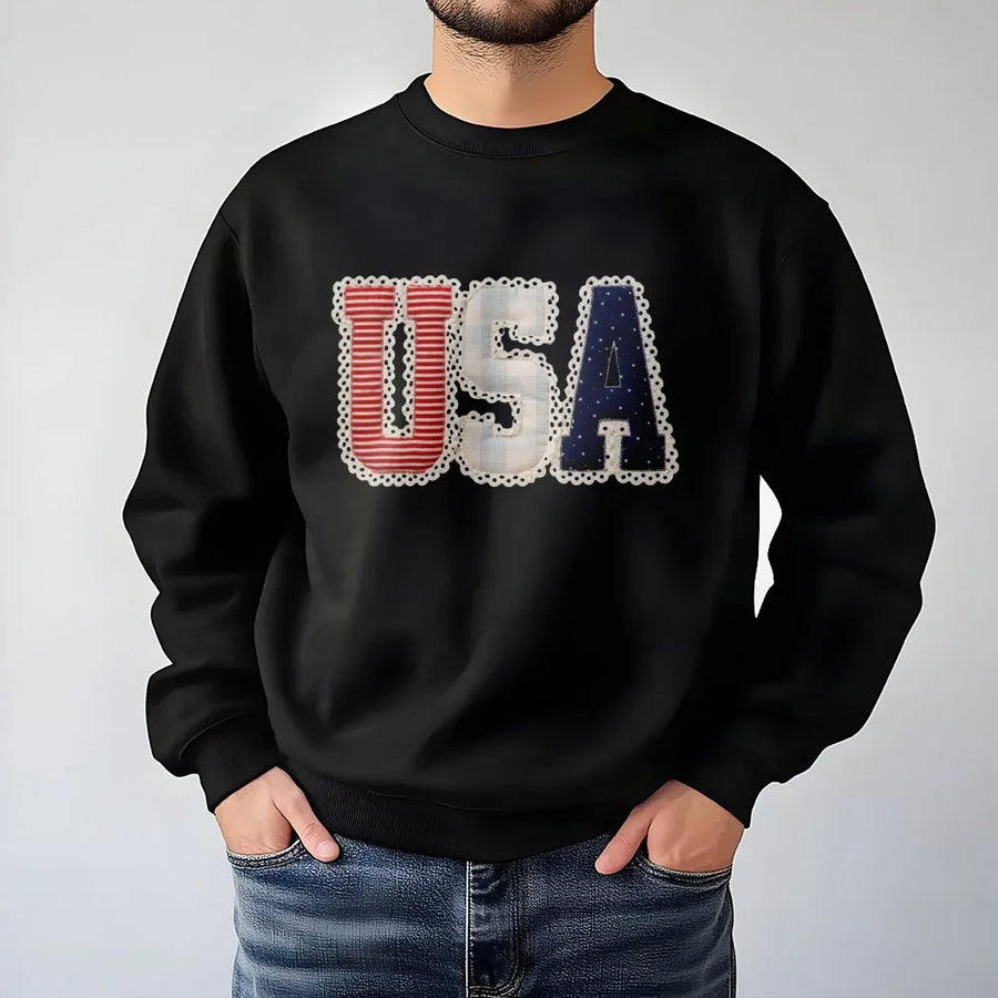 Preppy USA Sweatshirt | Coquette Faux Patchwork Graphic | Soft Cotton Blend | Patriotic Independence Day Gift for Her