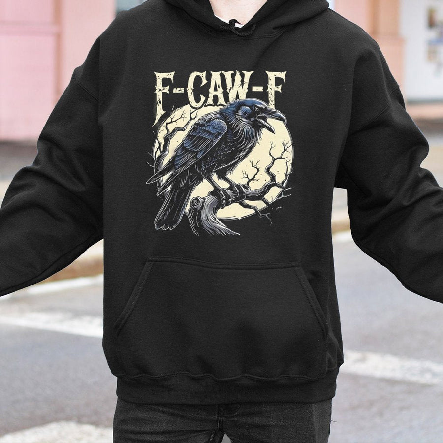 Raven Hoodie | Funny F-Caw-F Crow Pun Graphic | Premium Cotton Blend Pullover | Gothic Aesthetic Gift for Bird Lovers