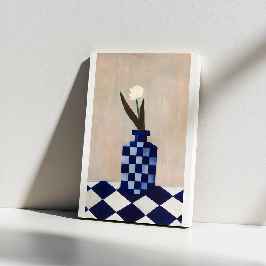 Abstract Tulip Canvas Print | Blue Checkered Vase Still Life | Premium Gallery Wall Art | Modern Kitchen or Living Room Decor Gift