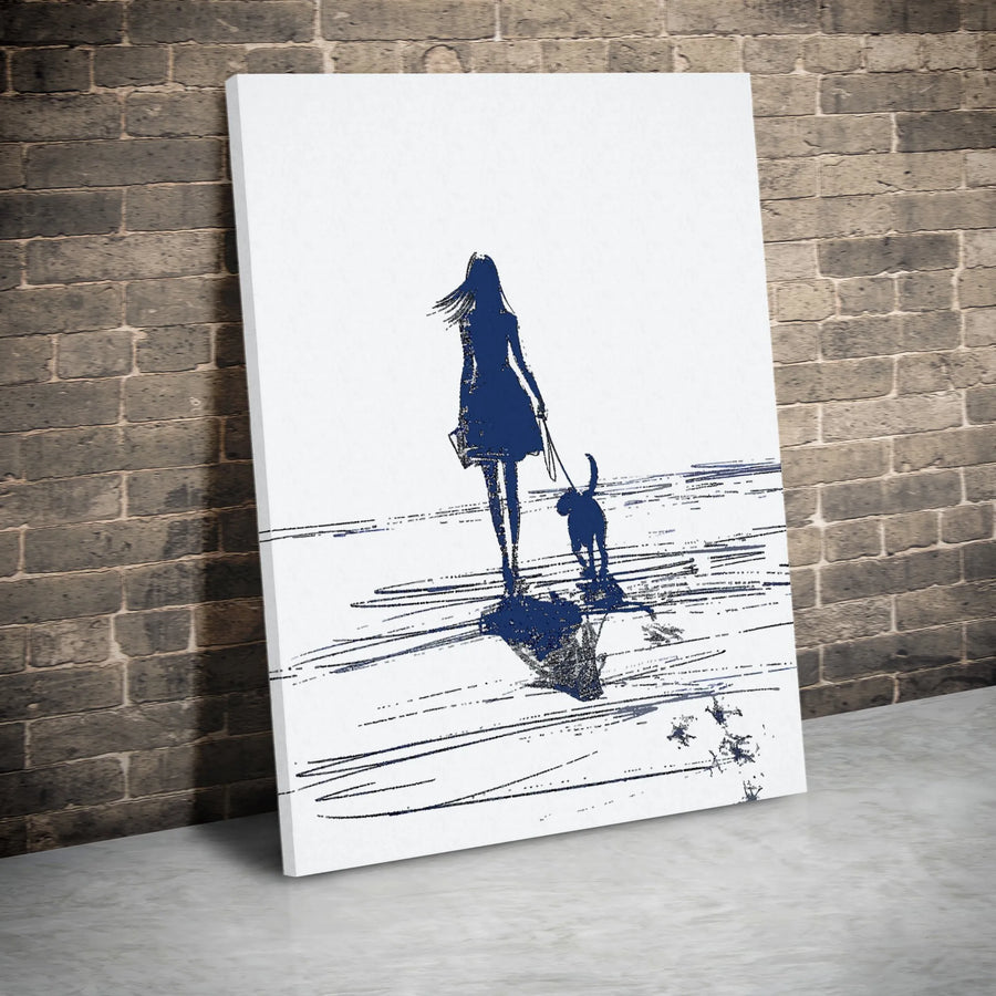 Woman Walking Dog Canvas Wall Art | Minimalist Blue Silhouette Illustration | Premium Gallery Wrapped Print | Home Decor Gift for Dog Lovers